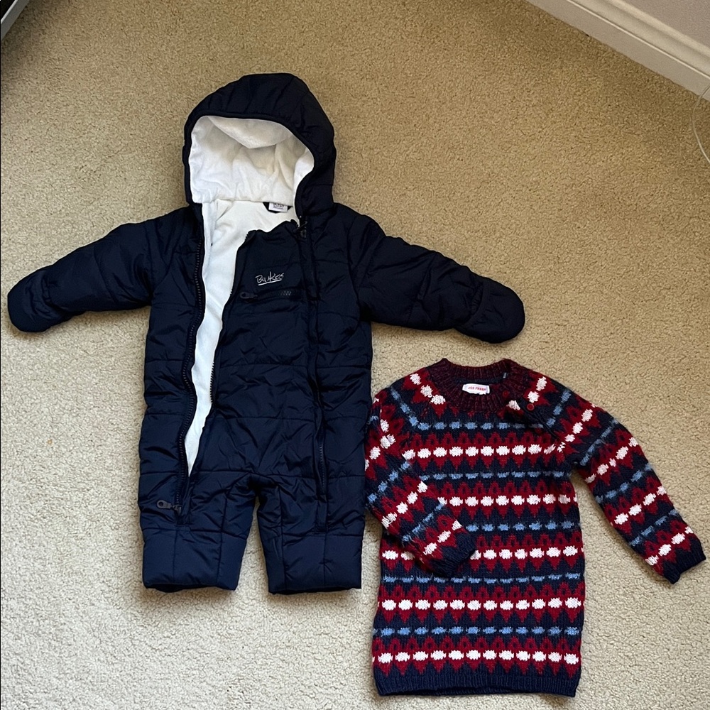 Navy Blue White Onesie Winter Bodysuit & Red-White-Blue Heart warm sweaters 6-9m